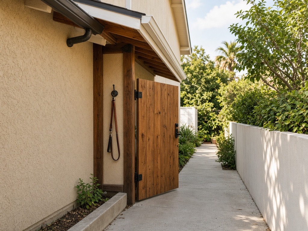 A clear side yard with an open gate along the side of a California home