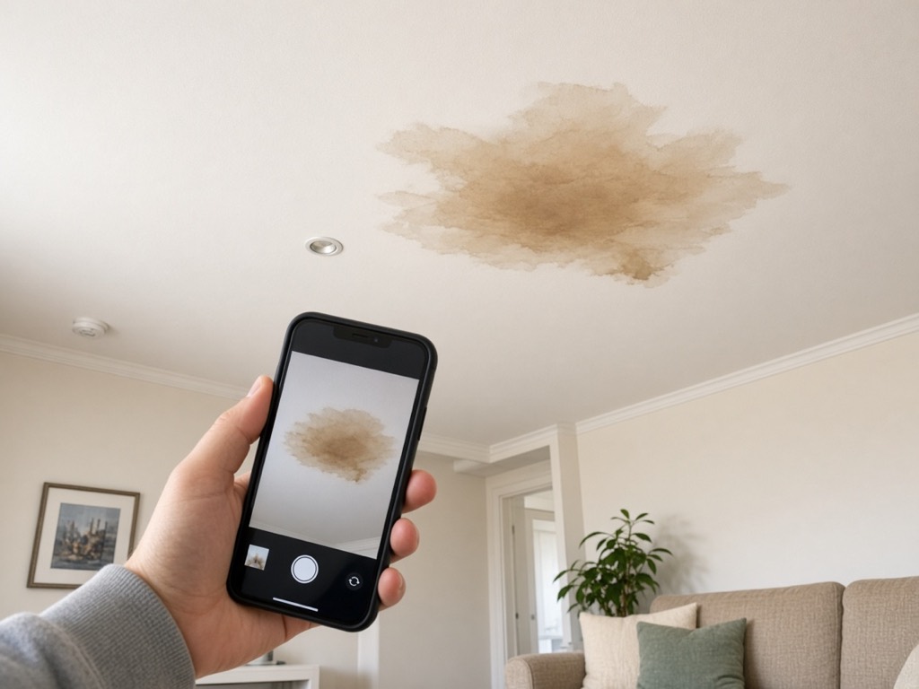 A homeowner photographing a water stain on the living room ceiling with a phone