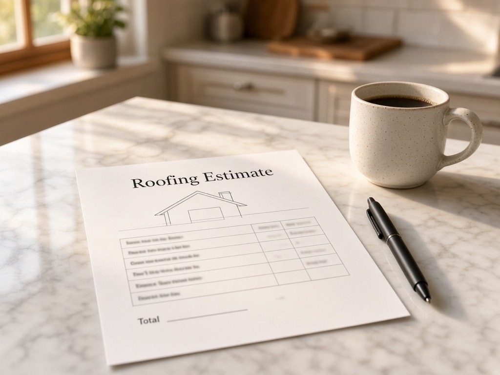 A printed roofing estimate, a pen and a coffee mug on a kitchen counter