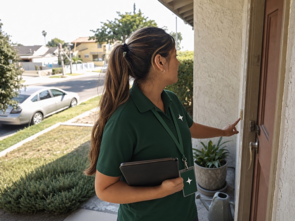 BrightStar roofing specialist arriving at a homeowner's front door