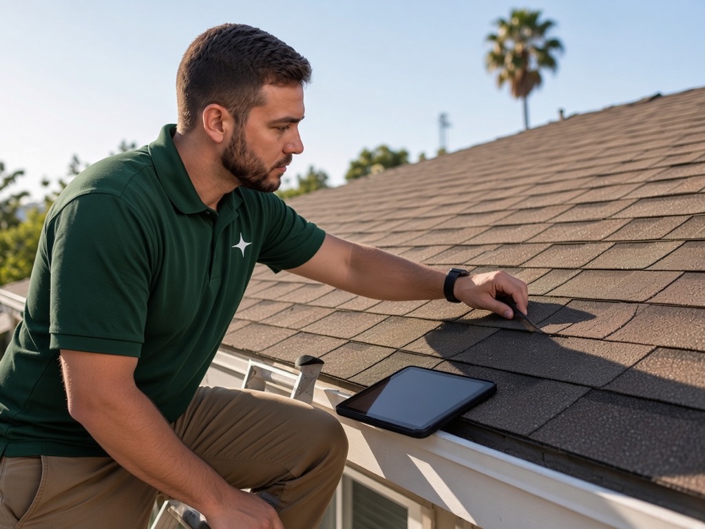 BrightStar roofing specialist on a residential roof inspecting worn shingles