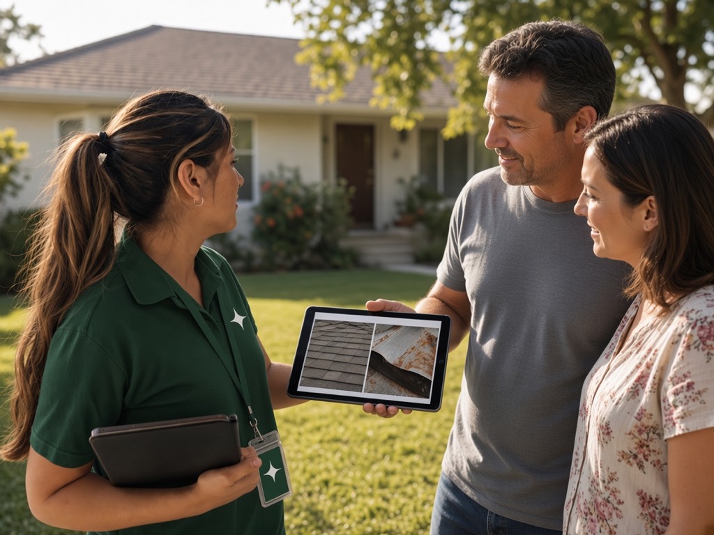 BrightStar specialist in the front yard showing a homeowner couple photos of their roof on a tablet