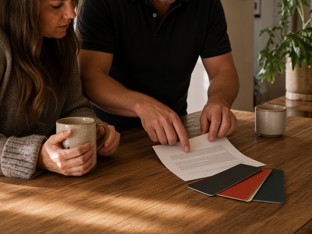 A written roofing quote and shingle color samples on a kitchen table