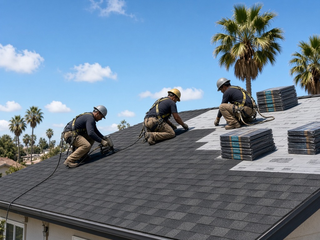 A roofing crew in hard hats installing new shingles on a California home