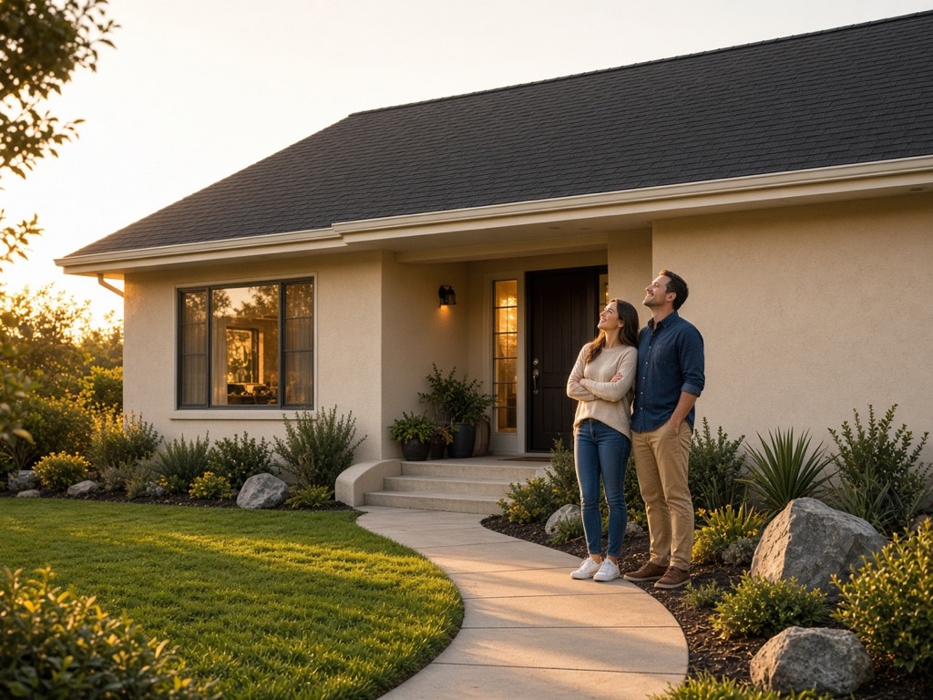 A homeowner couple in front of their home looking up at a brand new roof at golden hour